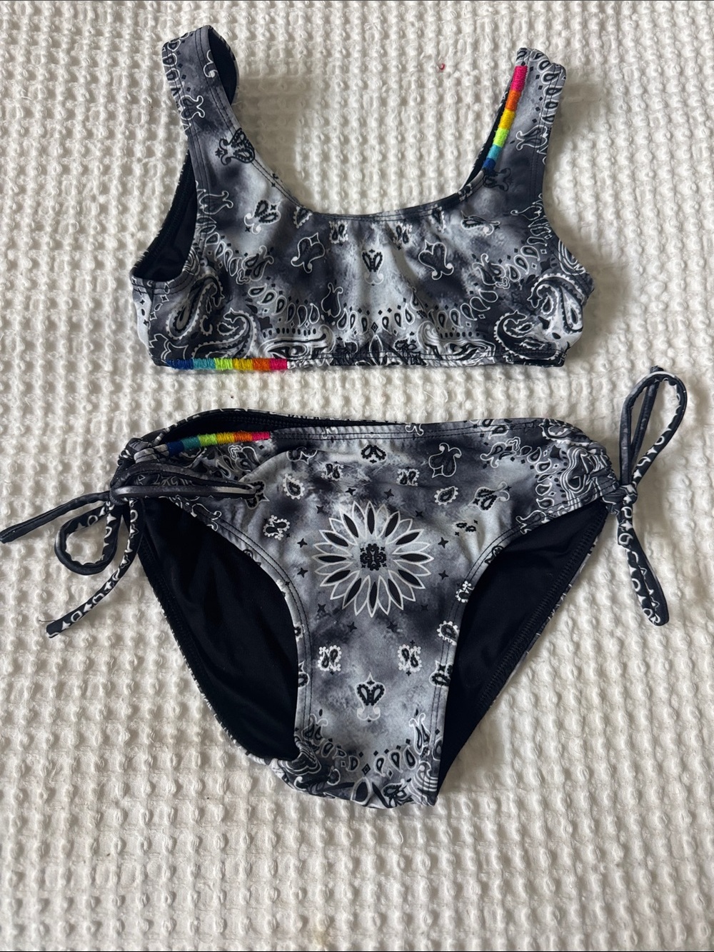 Flowers by Zoe Black Bandana Print Two-Piece Bikini with Rainbow Trim